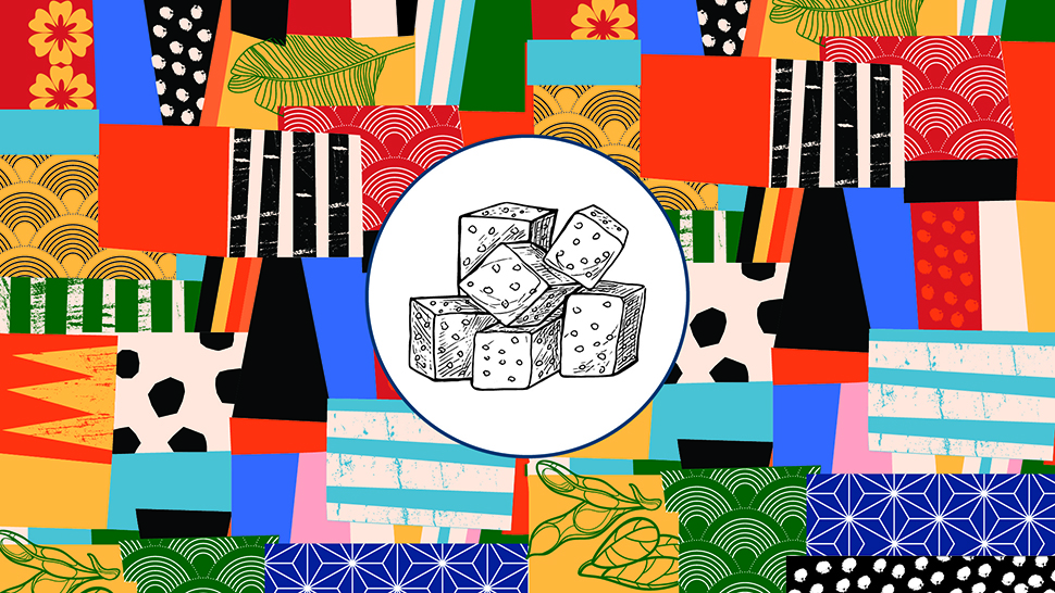 A brightly colored quilt-like pattern with an illustration of cubed tofu in the center.