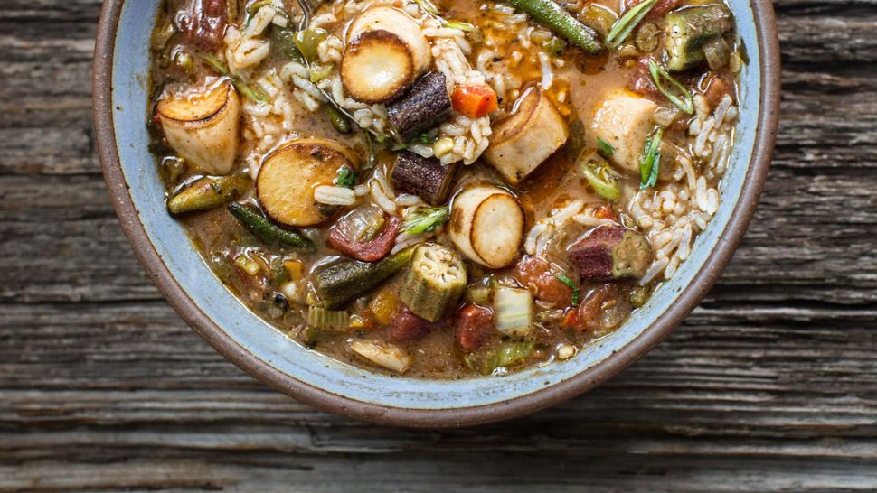 Closeup of a delicious looking bowl of vegan gumbo