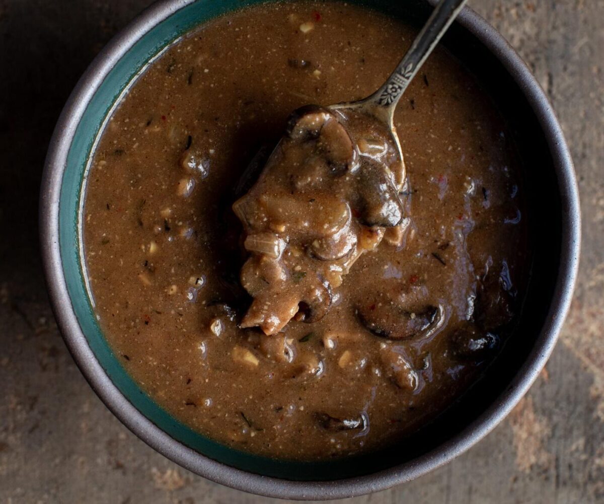 Overhead shot of a bowl of mushroom gravy