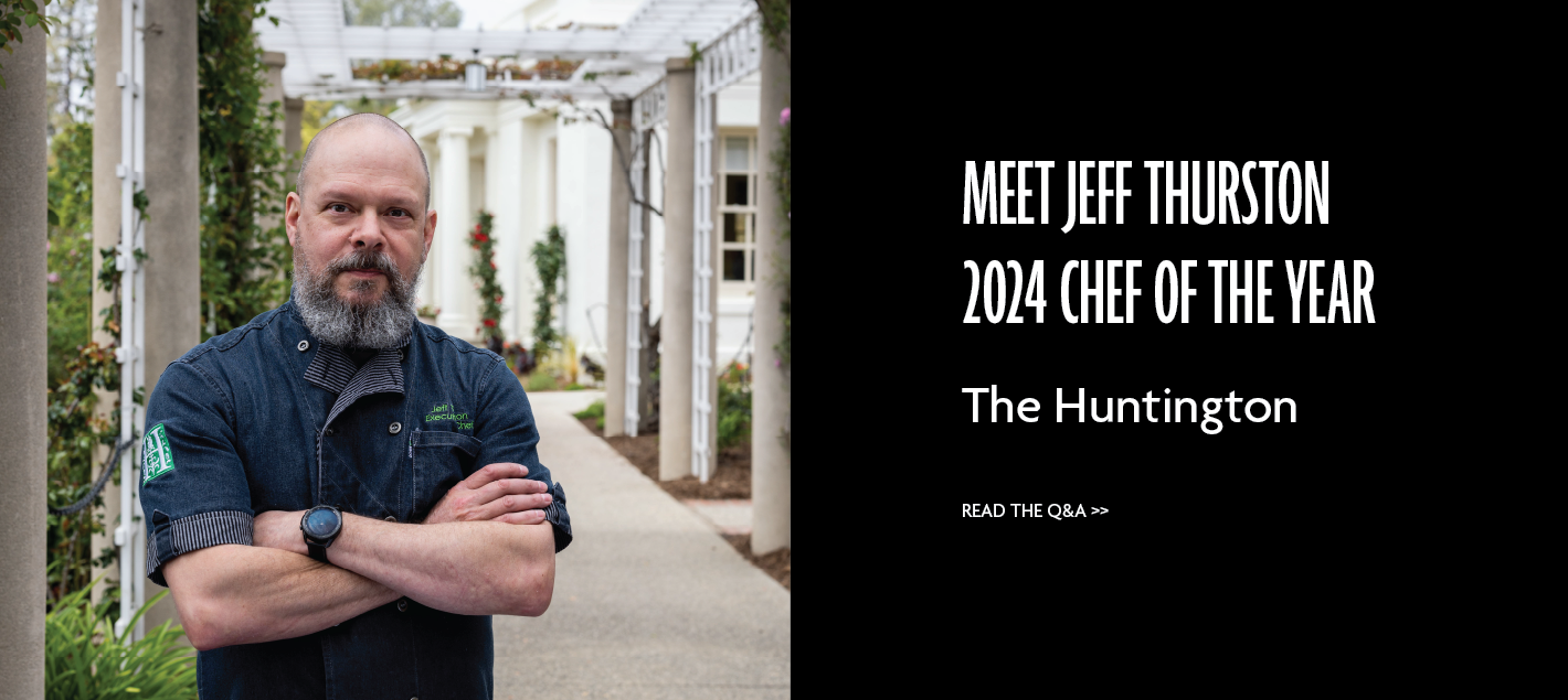 Image of Executive Chef Jeff Thurston standing in a trellised pathway at The Huntington