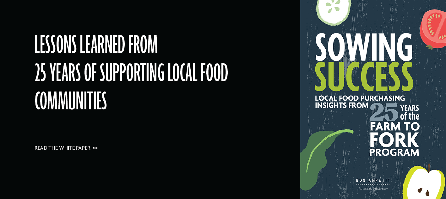 Slider with text "Lessons Learned from 25 Years of Supporting Local Food Communities. Read the white paper." Image of white paper cover with illustrations of fruits and vegetables and the title "Sowing Success: Local Food Purchasing Insights from 25 Years of the Farm to Fork Program"